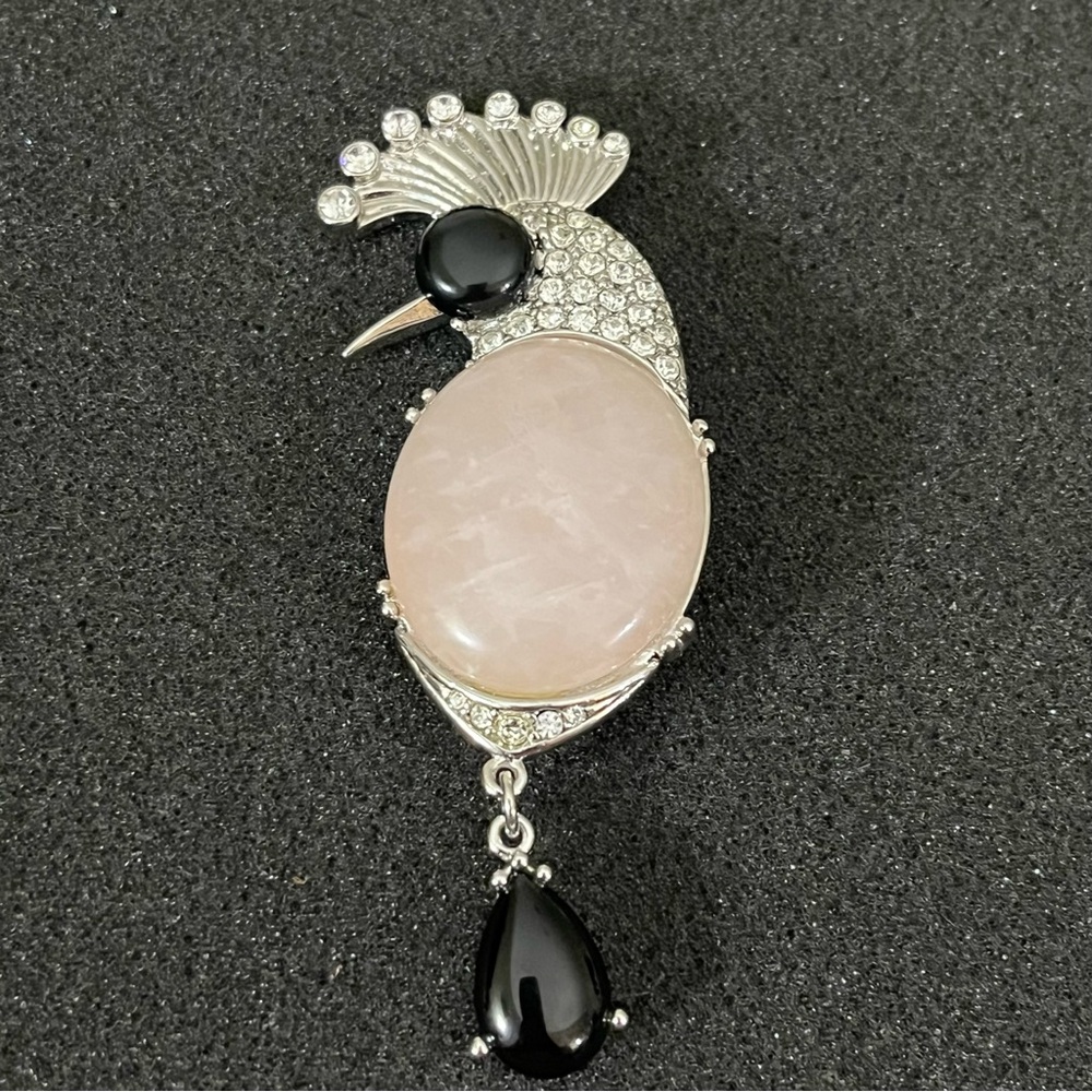 Vintage Cockatoo Brooch – Rhinestones & Rose Quartz Accent